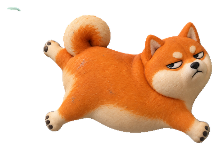 Magnet Inu, a grumpy orange shiba fridge magnet, sprawled mid-leap with one paw out